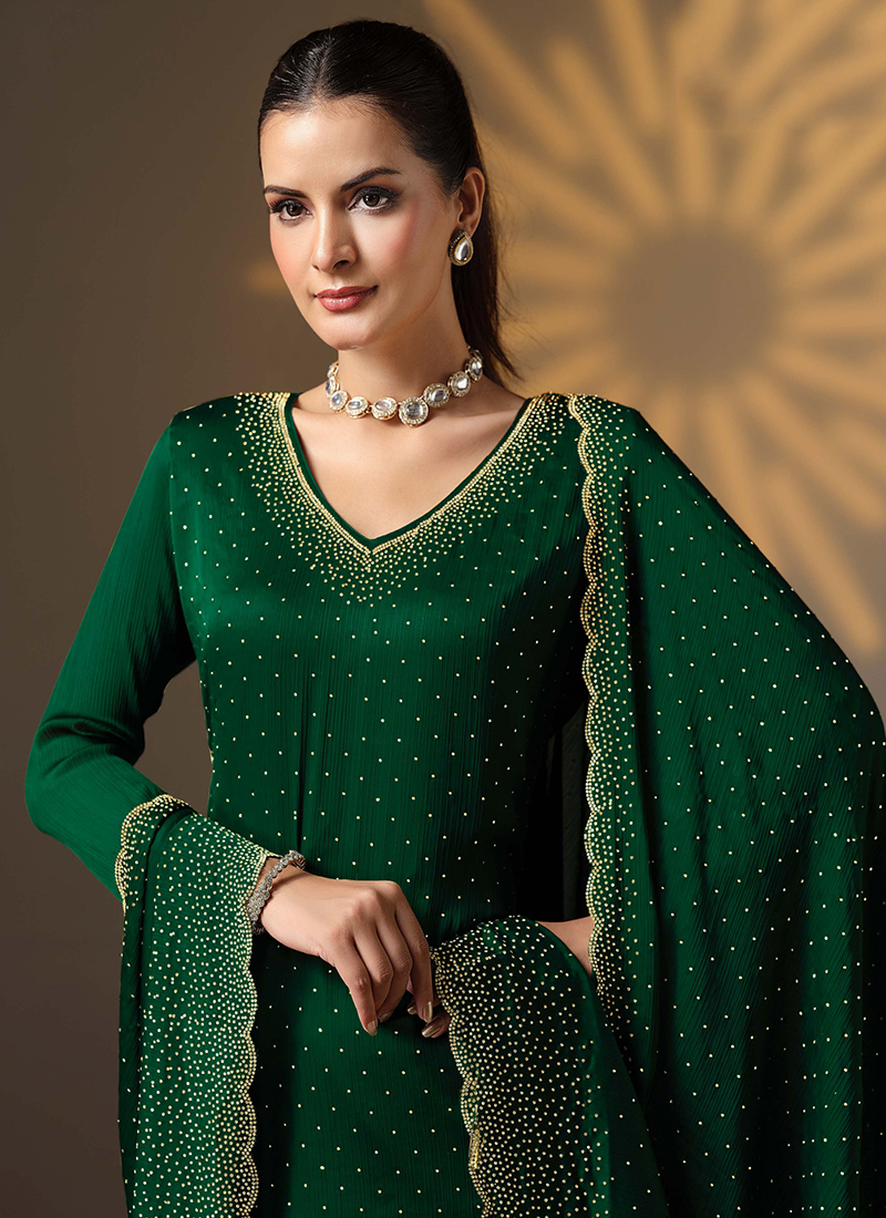 Sophisticated Green Organza Designer Party Wear Heavy Salwar Suit Collection With Green Santoon